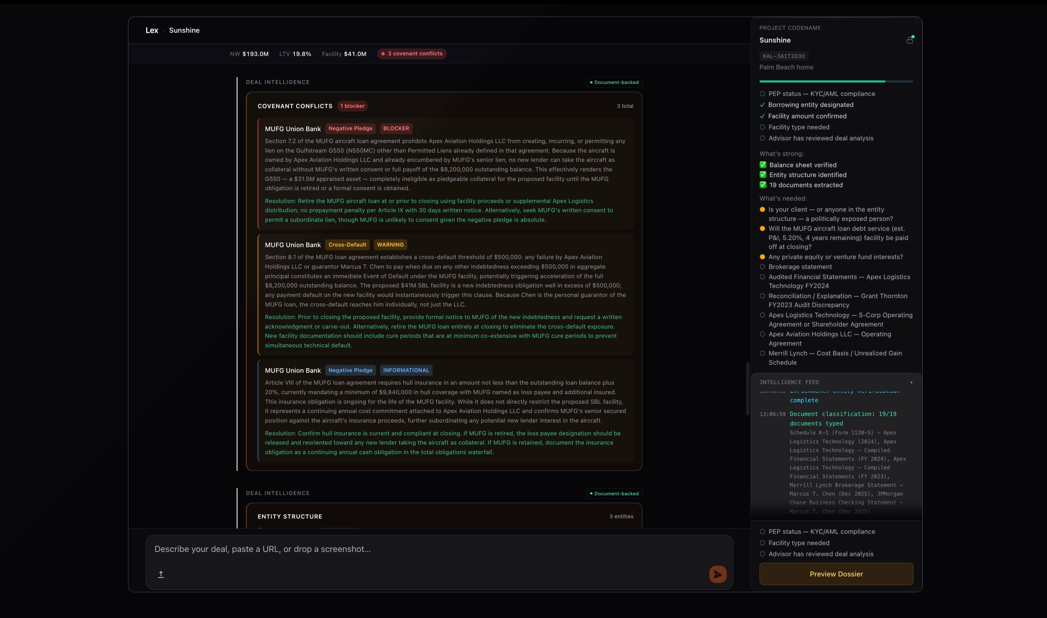 Lex Concierge analyzing documents in flight — cross-referencing evidence across the deal package