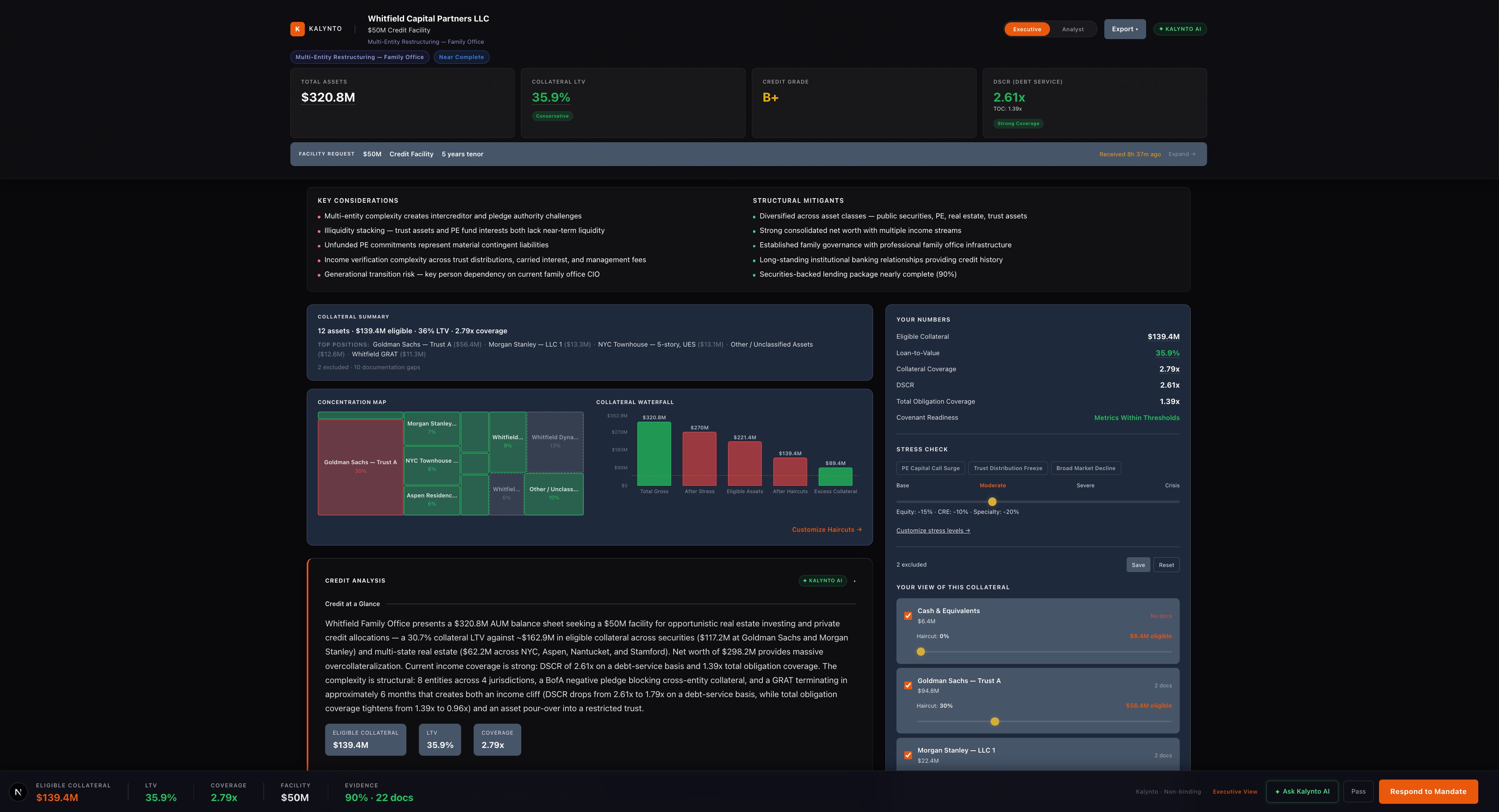 Kalynto Lender Mandate Preview — institutional-grade credit package with structural narrative and traceable evidence